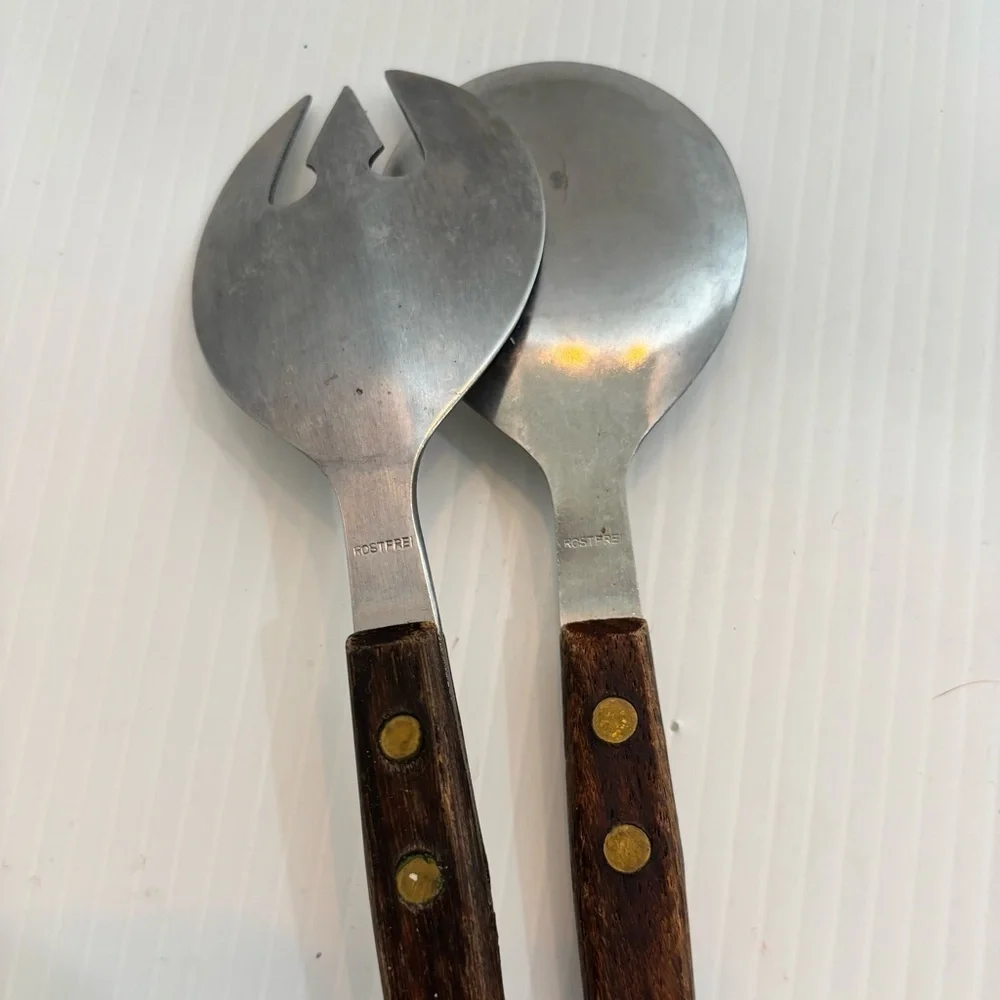 Vintage Salad Serving Set Wood Handle Stainless Rostfrei German MCM 11.5”